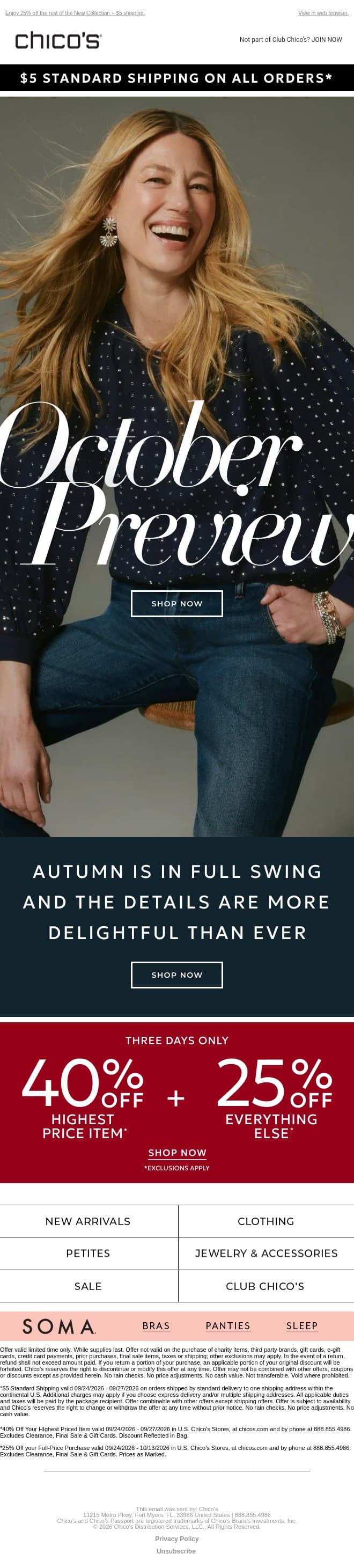 Just for you: OCTOBER PREVIEW + 40% OFF email from Chico's screenshot