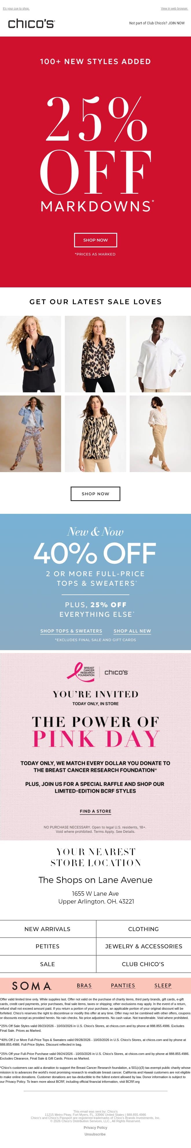 Run: 100+ new markdowns are 25% off email from Chico's screenshot