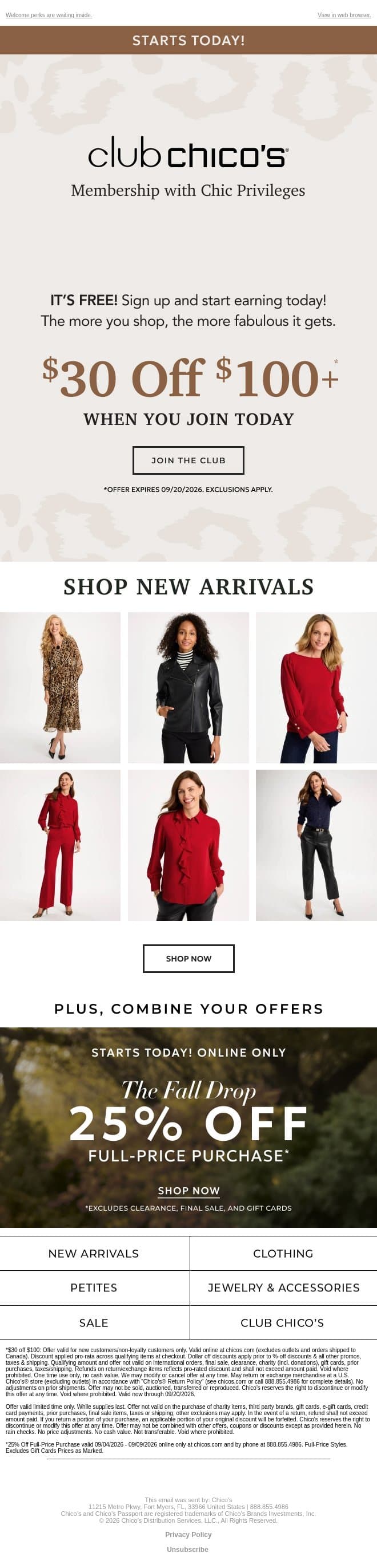 Join us & get $30 off $100+ (exclusions apply) email from Chico's screenshot