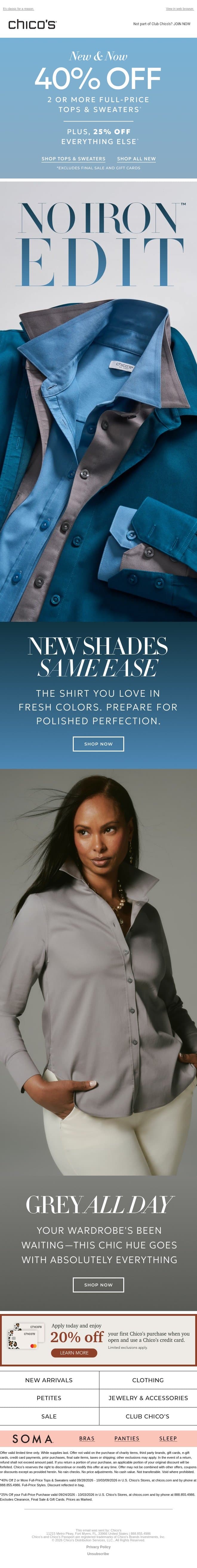 25%-40% off + New No Iron™ Colors email from Chico's screenshot