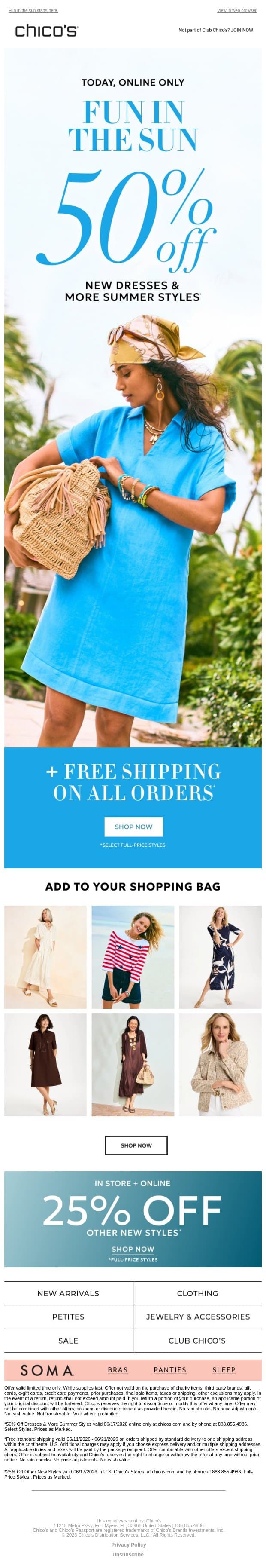 TODAY ONLY! 50% off NEW dresses & more 👗☀️ + free shipping email from Chico's screenshot