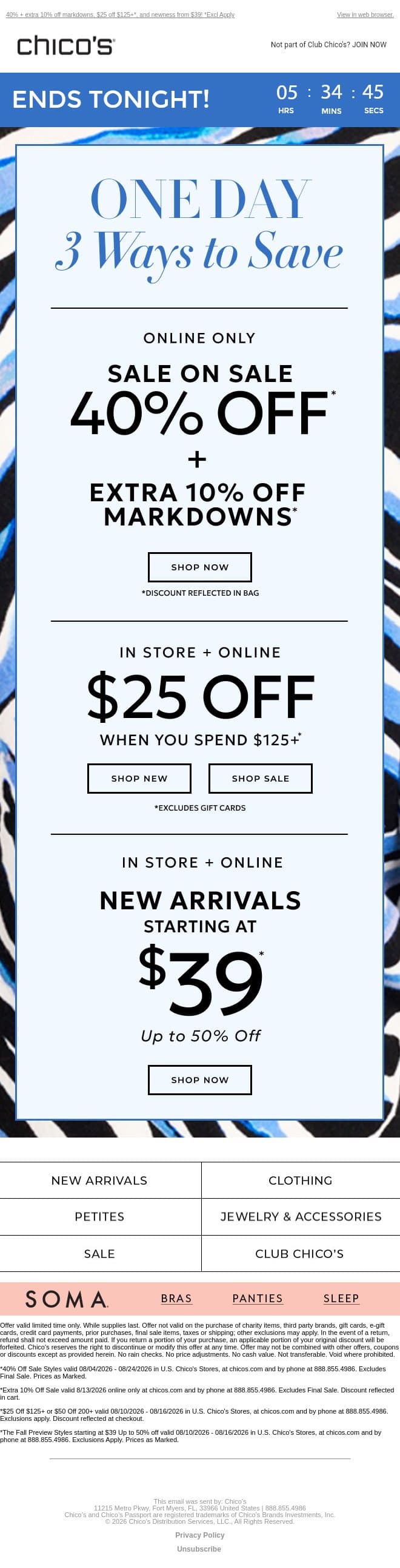 THREE ways to save ends tonight! email from Chico's screenshot