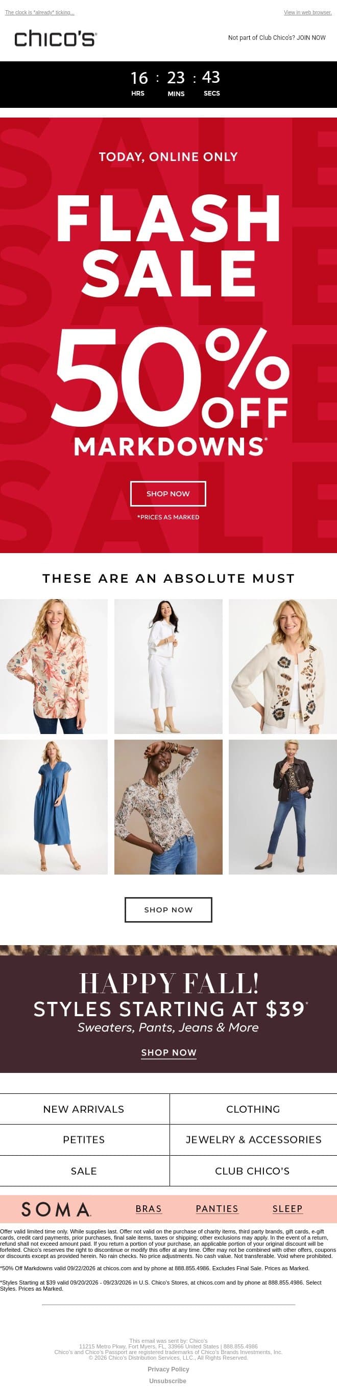 TODAY ONLY! 50% OFF MARKDOWNS email from Chico's screenshot