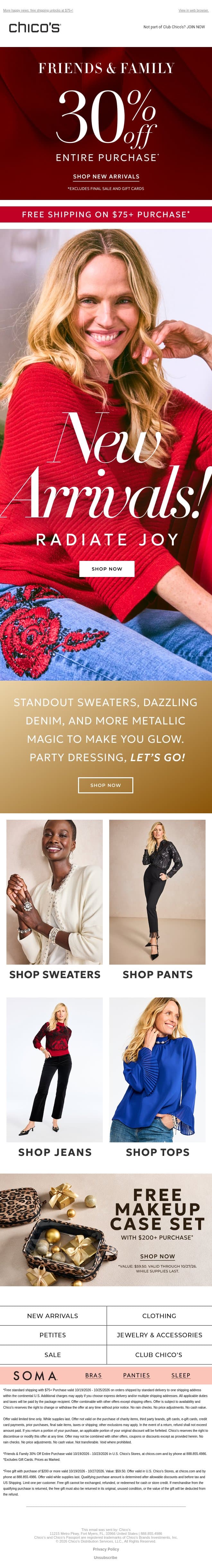 Radiate joy! 😁 30% off + FREE gift offer email from Chico's screenshot