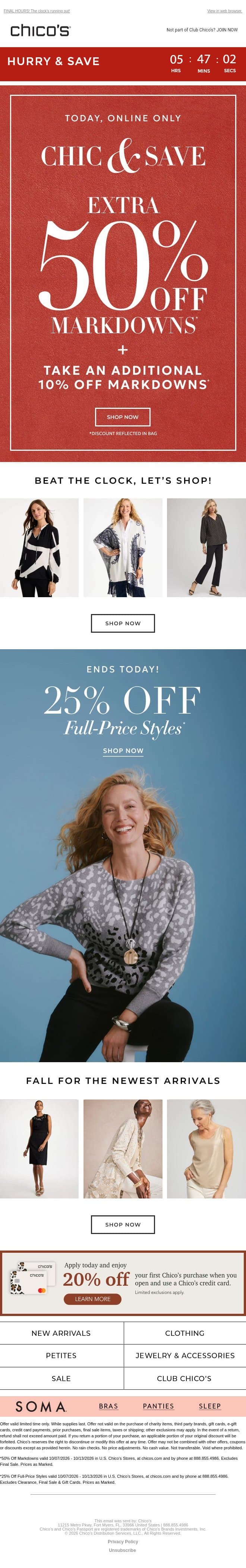 Last Call! Extra 50% Off Markdowns + Another 10% Off email from Chico's screenshot