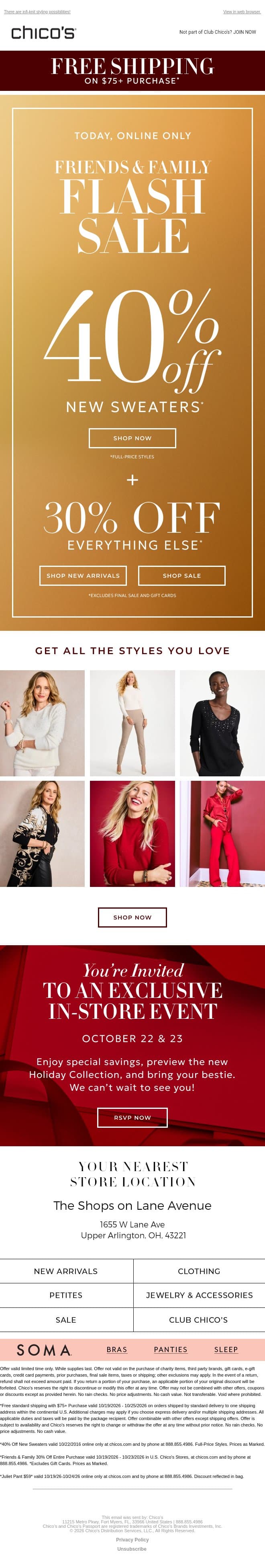 TODAY ONLY: 40% off new sweaters + 30% off the rest email from Chico's screenshot