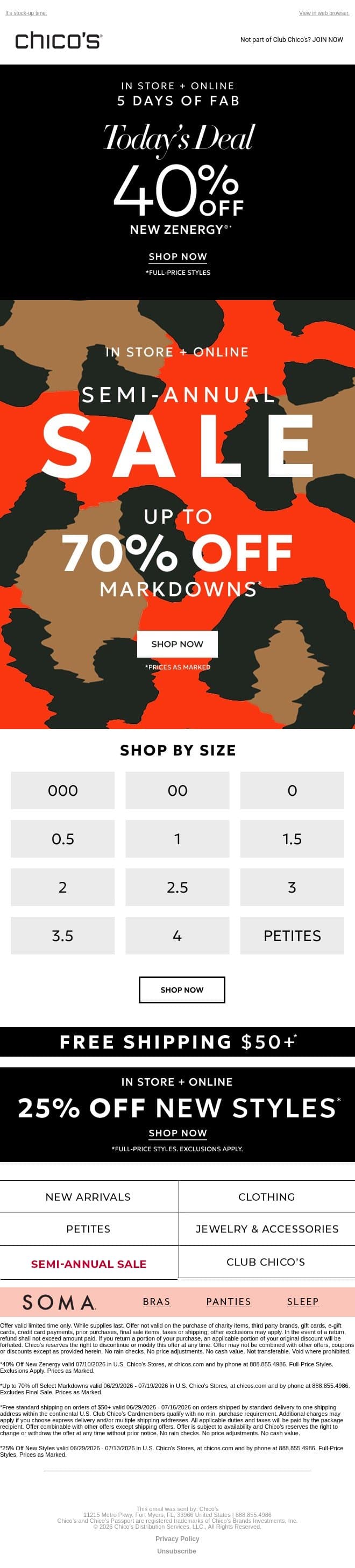 🛍️🛍️ Semi-Annual Sale happening now! + 40% off Zenergy® ends tonight email from Chico's screenshot