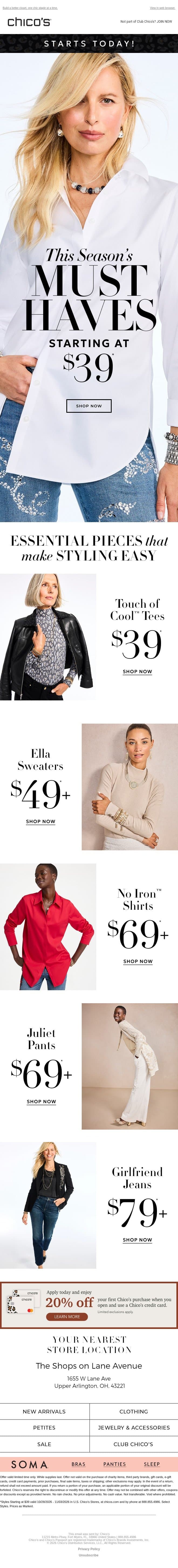 Starts now: $39+ must-haves 😍 email from Chico's screenshot