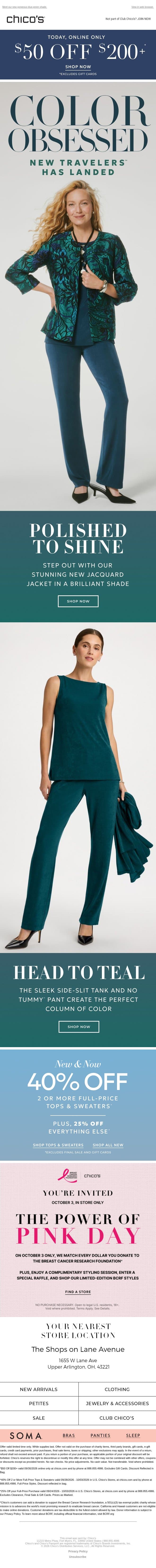 $50 off + Pack Your Teal Moment email from Chico's screenshot