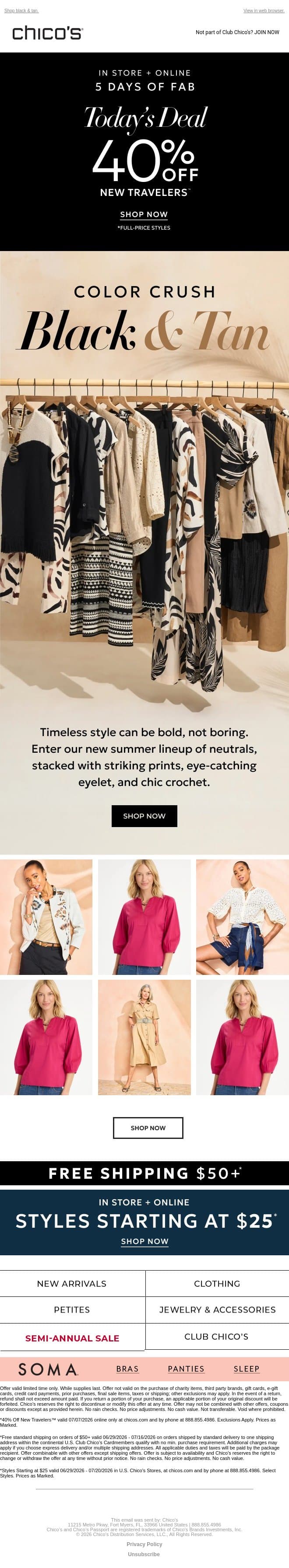 NEW COLOR CRUSH 🖤🤎 + 40% Off New Travelers™ Ends Tonight email from Chico's screenshot
