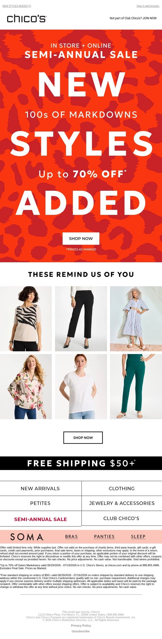 The Semi-Annual Sale just got a refresh email from Chico's screenshot