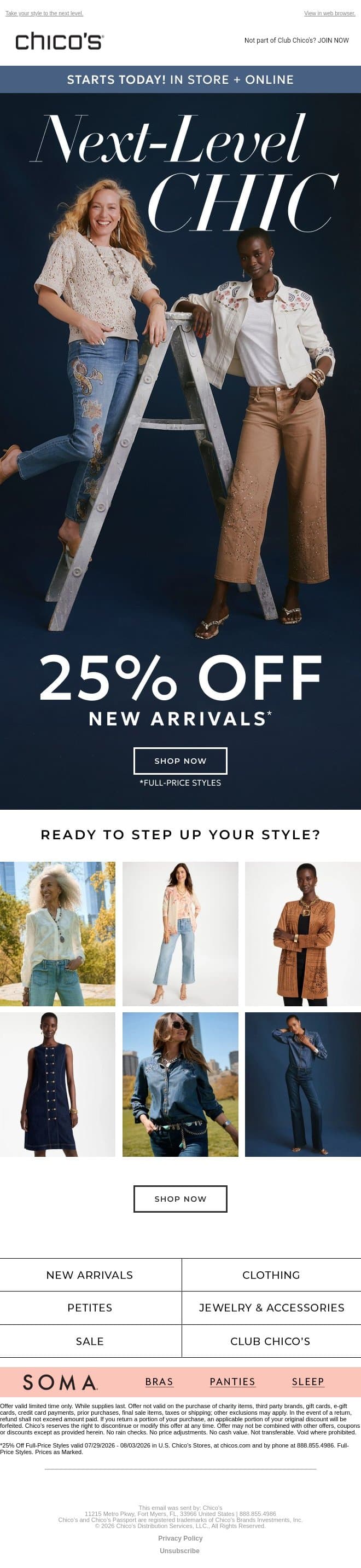 Step it up! 25% off NEW ARRIVALS email from Chico's screenshot