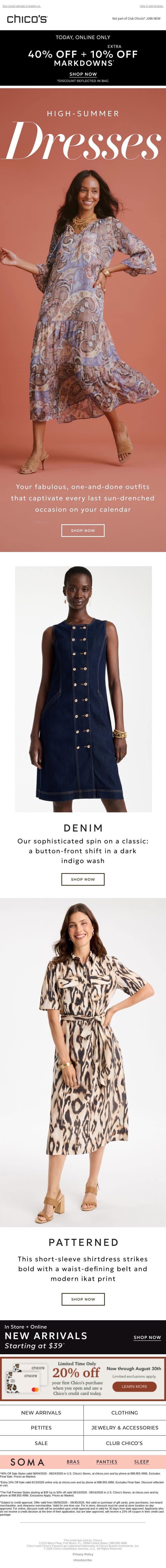 For Your Late-Summer Social Lineup 👗 and 40% + 10% off markdowns email from Chico's screenshot