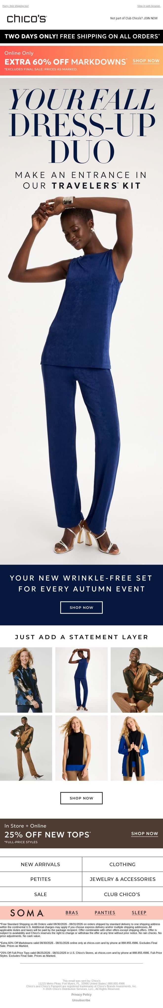 EXTRA 60% off markdowns | Wrinkle-Free Dressing For Every Occasion email from Chico's screenshot