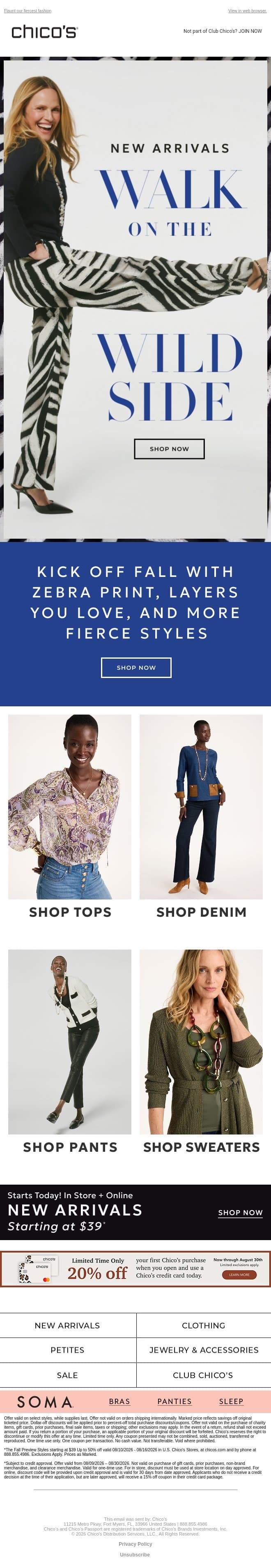 Wild New Arrivals + Styles Starting at $39 email from Chico's screenshot