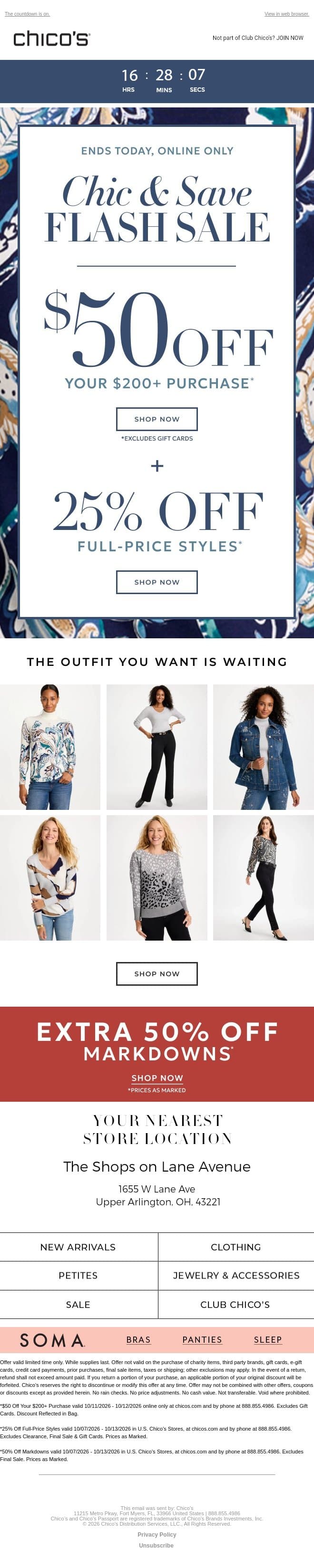 Ends Today! $50 Off + 25% Off Newness email from Chico's screenshot