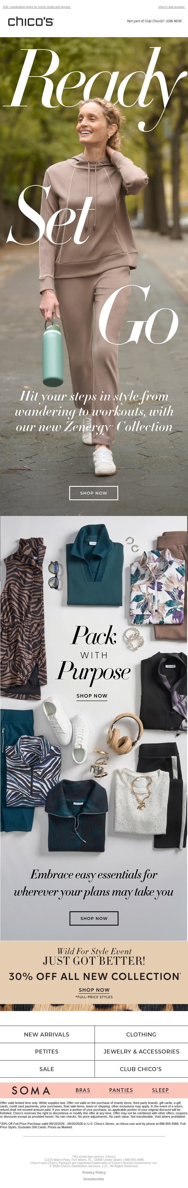 30% off all new styles + Hit your step goal in new Zenergy® sets email from Chico's screenshot