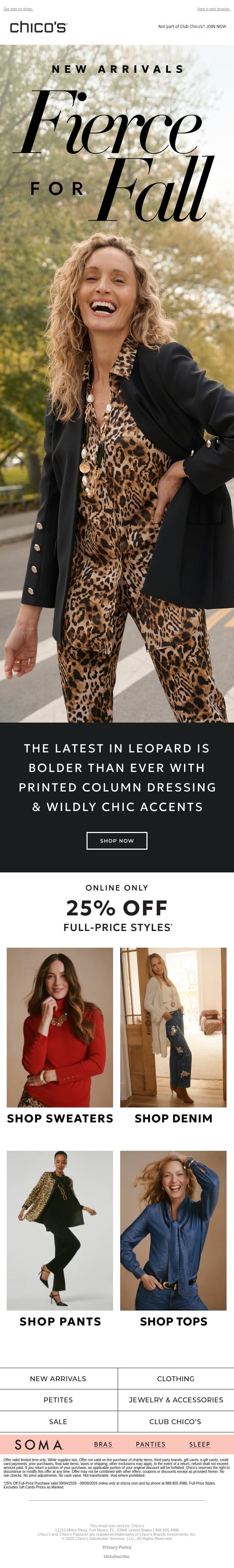 LOOK! 25% off NEW leopard looks & more arrivals email from Chico's screenshot