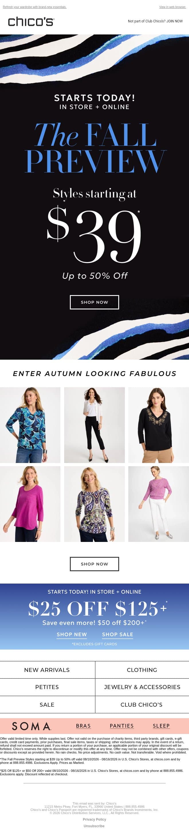 The $39+ Fall Preview is HERE (up to 50% off) email from Chico's screenshot