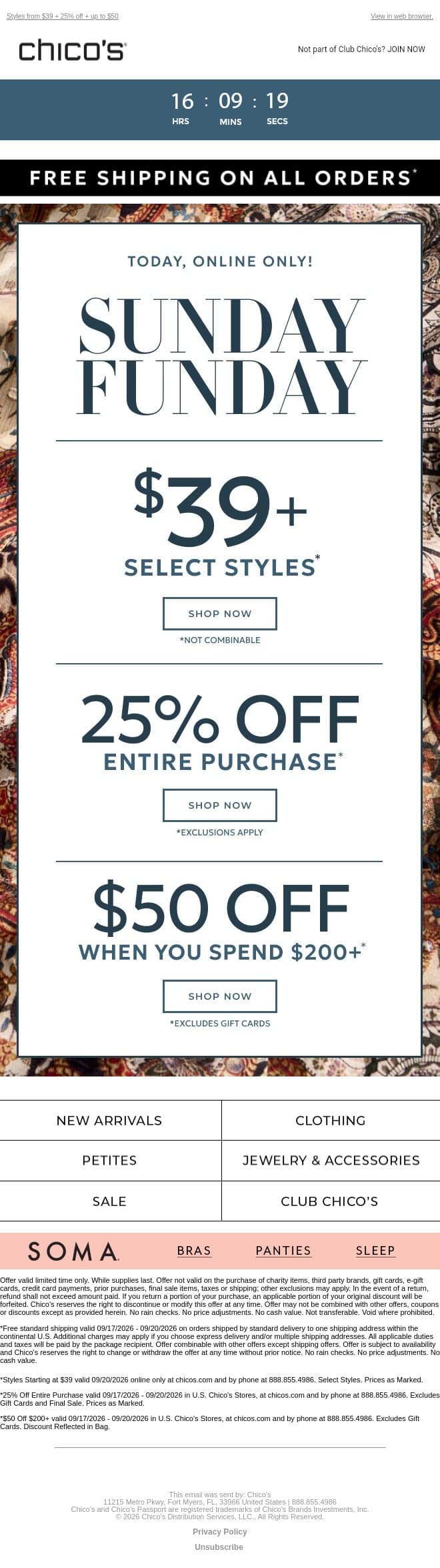 ENDS TODAY! 3 AMAZING DEALS + FREE SHIPPING email from Chico's screenshot