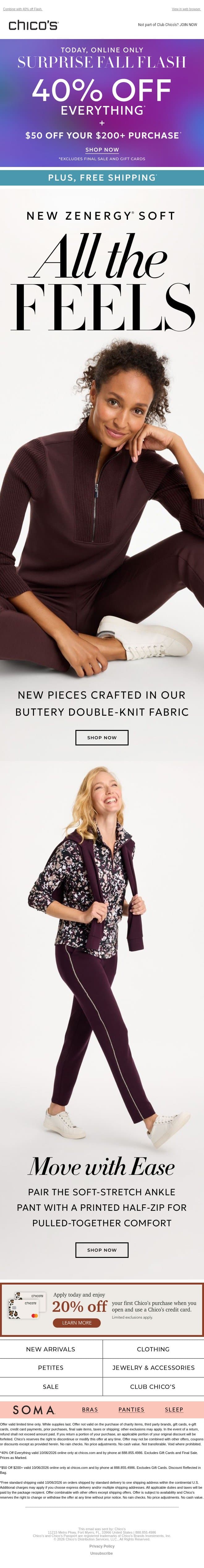 $50 off + free shipping | Buttery Soft Moves You'll Live In email from Chico's screenshot