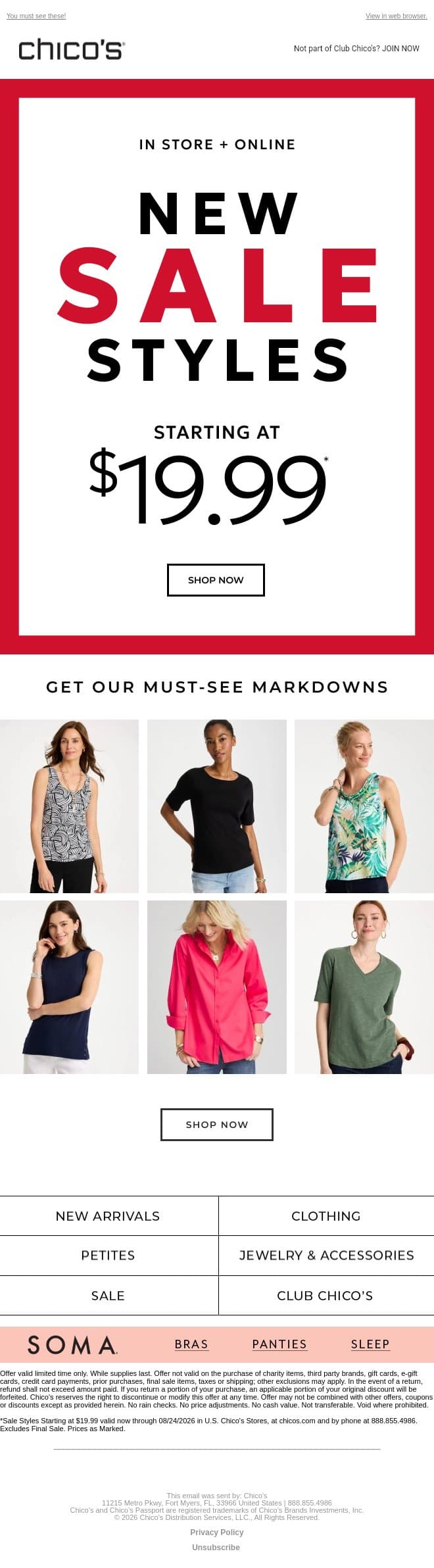 JUST IN: New sale styles from $19.99 email from Chico's screenshot