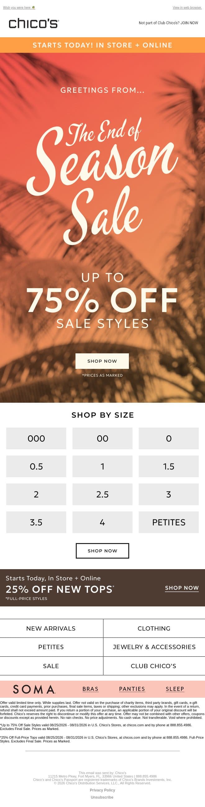 Up to 75% off SALE starts now! email from Chico's screenshot