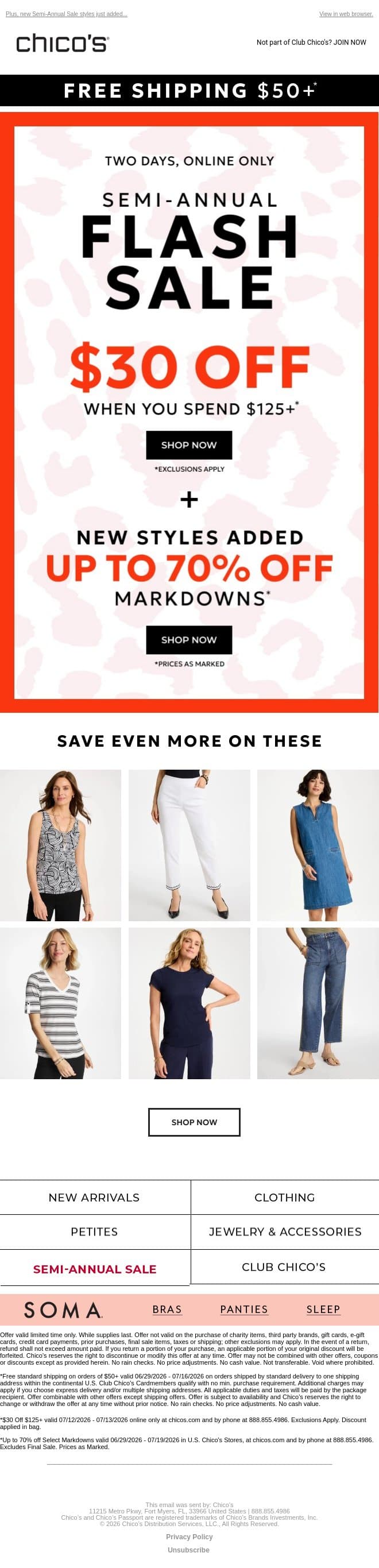 ENDS TOMORROW! $30 off $125+ *excl. apply email from Chico's screenshot