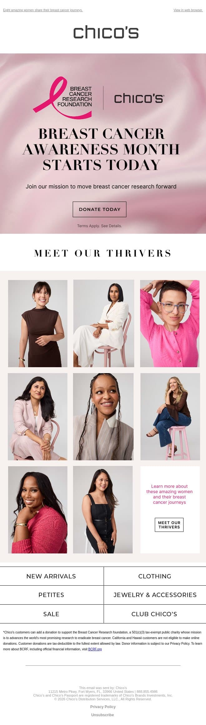 Meet Our 2026 BCRF Thrivers email from Chico's screenshot