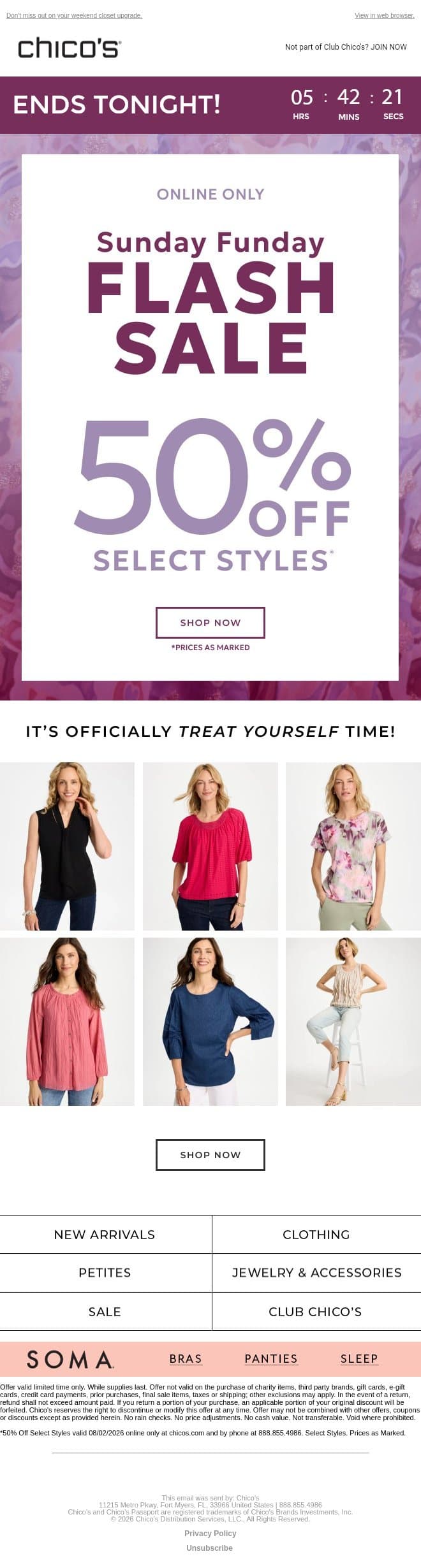 Ends tonight! 50% off select styles email from Chico's screenshot
