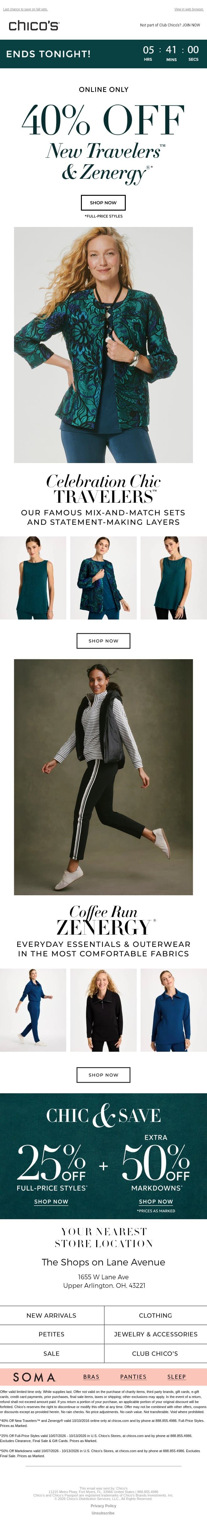 HOURS LEFT! 40% OFF NEW TRAVELERS™ & ZENERGY® email from Chico's screenshot