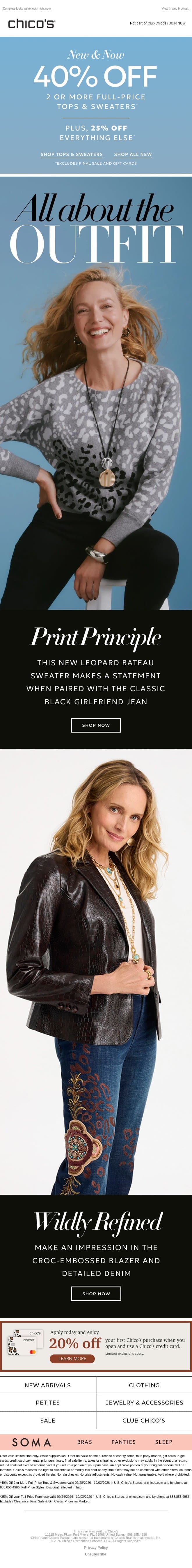 Up to 40% off + Statement Separates, Endless Styling email from Chico's screenshot