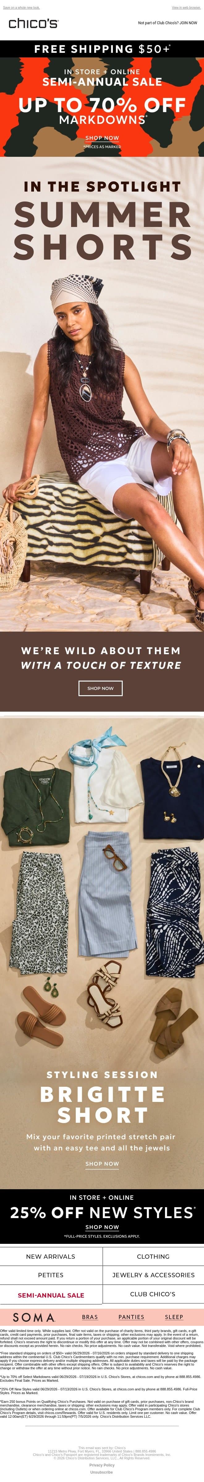 Spotlight: Summer Shorts (free shipping $50+) email from Chico's screenshot