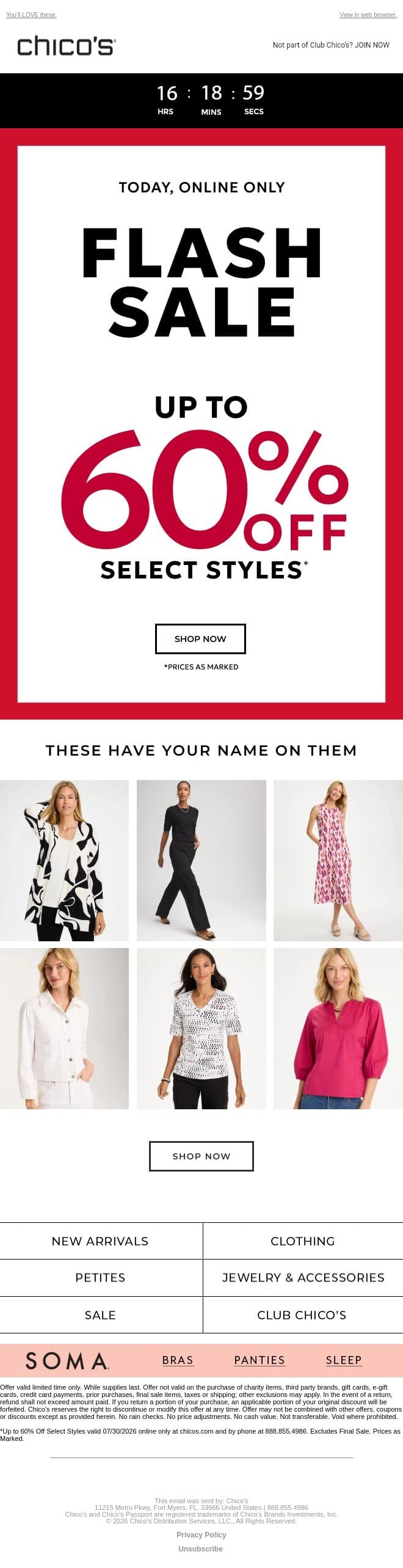 Our favorite pieces are up to 60% off today email from Chico's screenshot