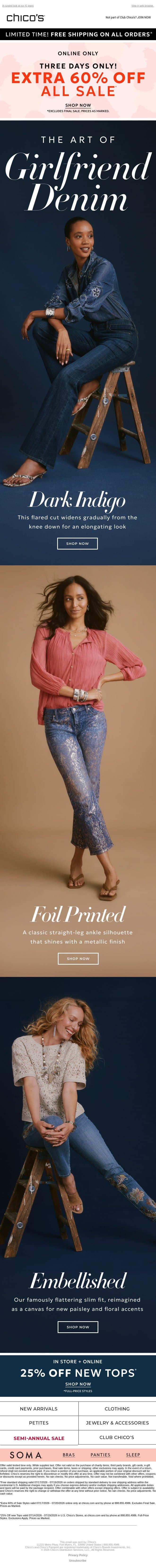 The Girlfriend Denim Gallery is Open + EXTRA 60% Off SALE email from Chico's screenshot