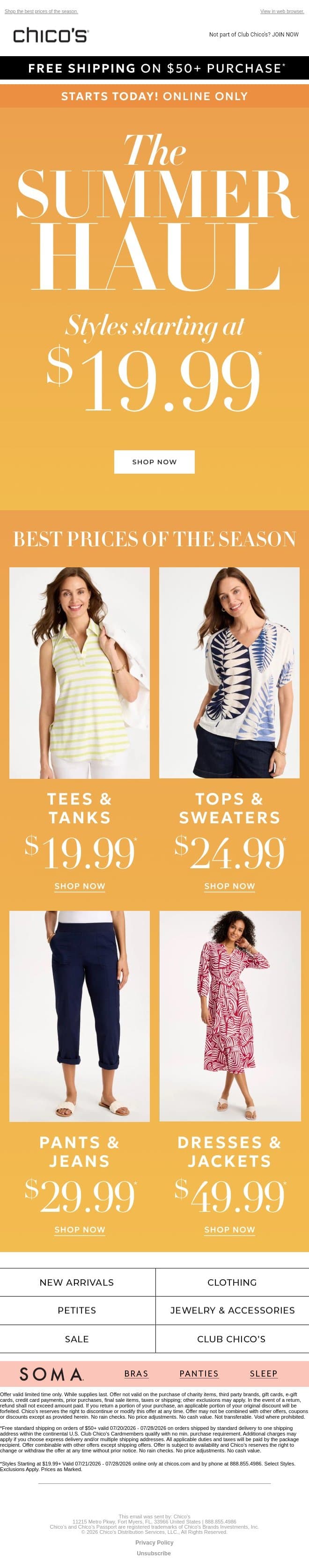 The $19.99+ SUMMER HAUL is online NOW! email from Chico's screenshot