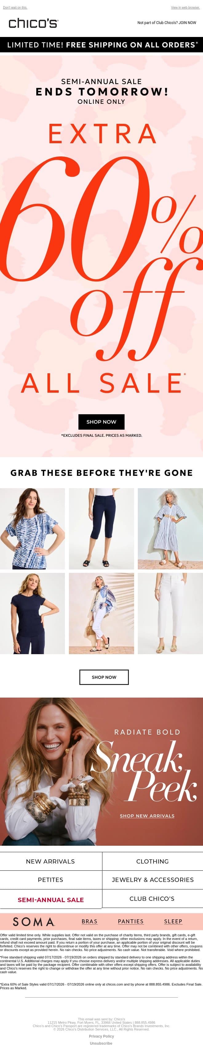 Tomorrow it’s over: Extra 60% off all sale email from Chico's screenshot
