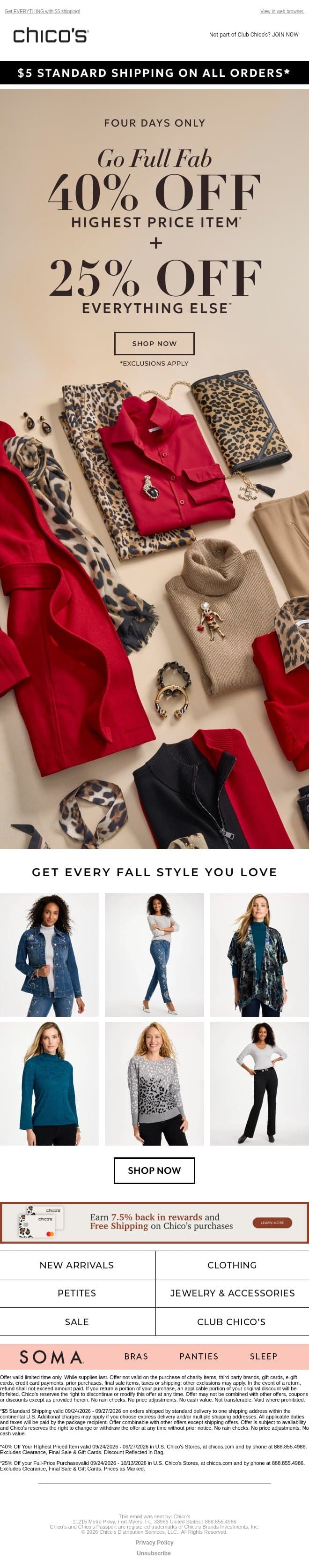 FOUR DAYS ONLY! 40% off 1 + 25% off the rest email from Chico's screenshot