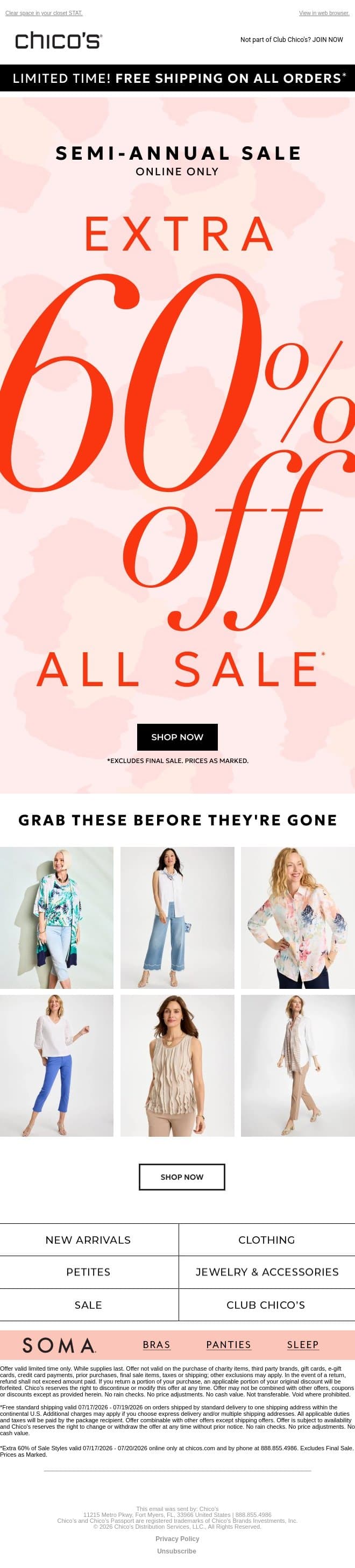 Last-last call: EXTRA 60% OFF SALE + Free Shipping email from Chico's screenshot