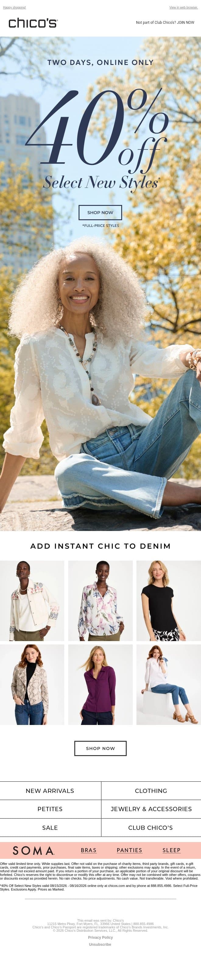 Some new styles you’ve been eyeing are 40% off ('til tomorrow!) email from Chico's screenshot