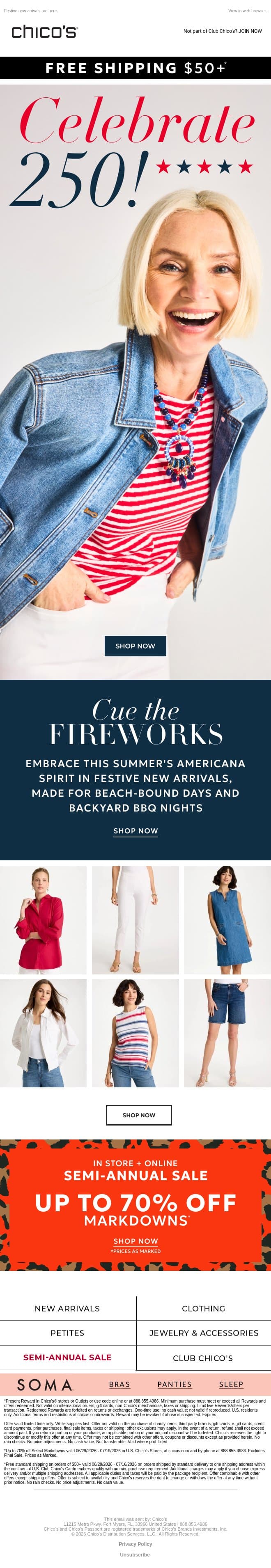 Celebrate 250 with 🇺🇸! email from Chico's screenshot