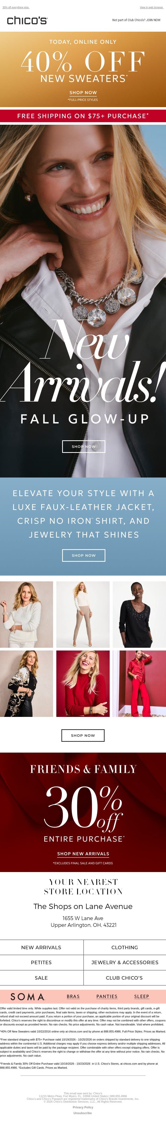 40% off sweaters ends tonight + Effortless Elegance, No Fuss Required email from Chico's screenshot