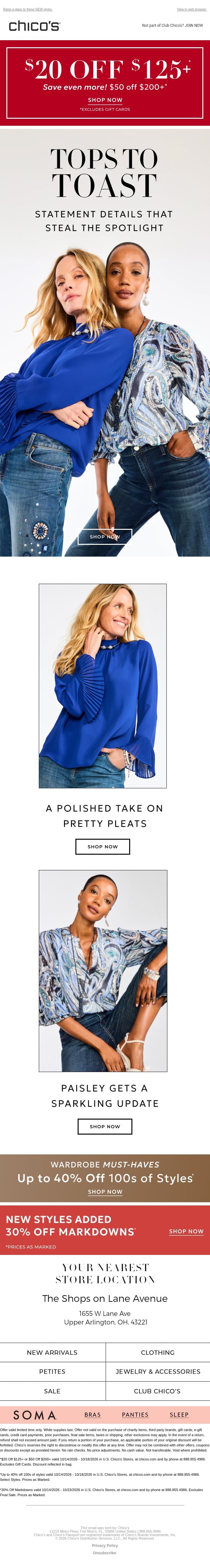 Up to $50 off + Pour a drink, pick a top! email from Chico's screenshot