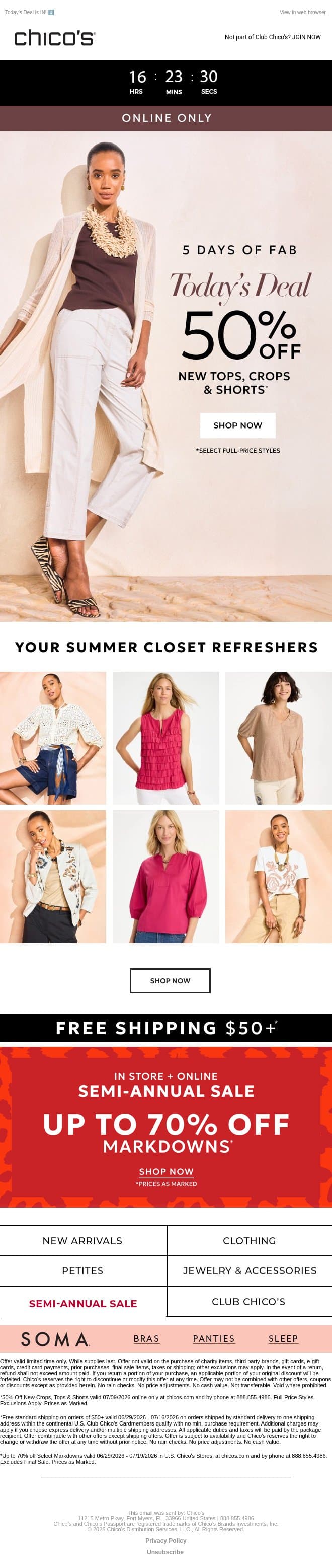 ‘TIL TONIGHT: 50% off new tops, crops & shorts email from Chico's screenshot