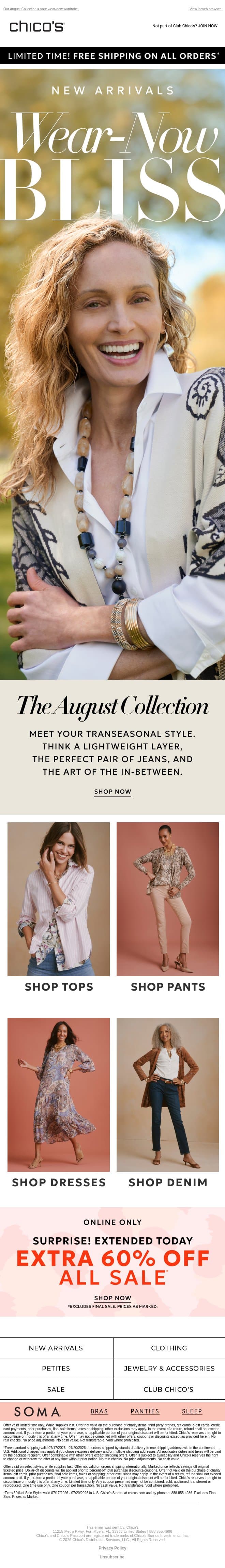 New Arrivals + Free Shipping Ends Today email from Chico's screenshot