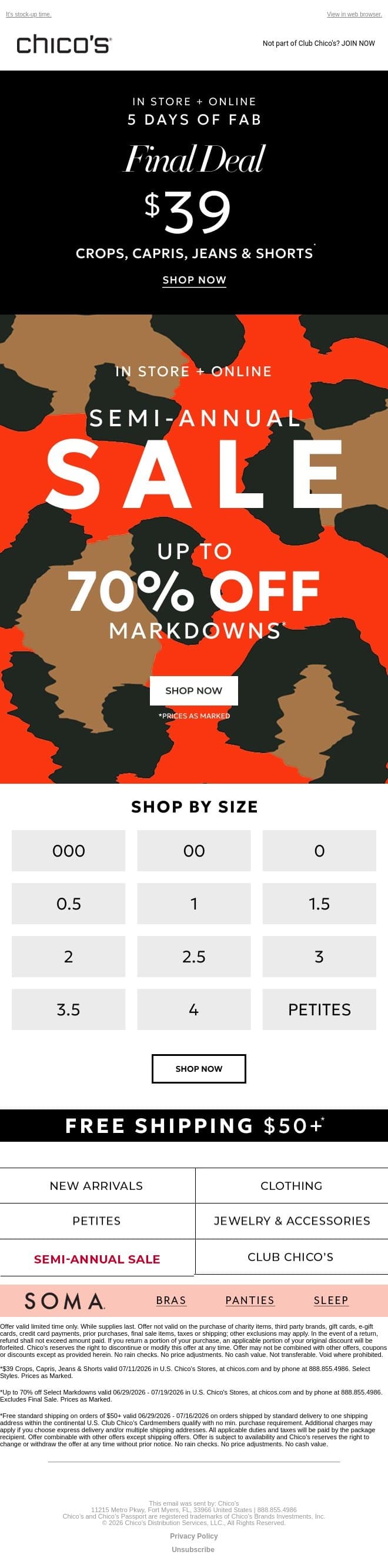 Up to 70% Off! Don’t Miss It ✨ + $39 styles ends tonight email from Chico's screenshot