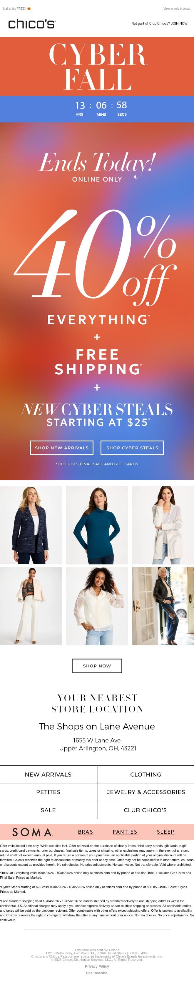 ENDS TODAY! 40% off EVERYTHING + BEST DEALS OF THE SEASON email from Chico's screenshot