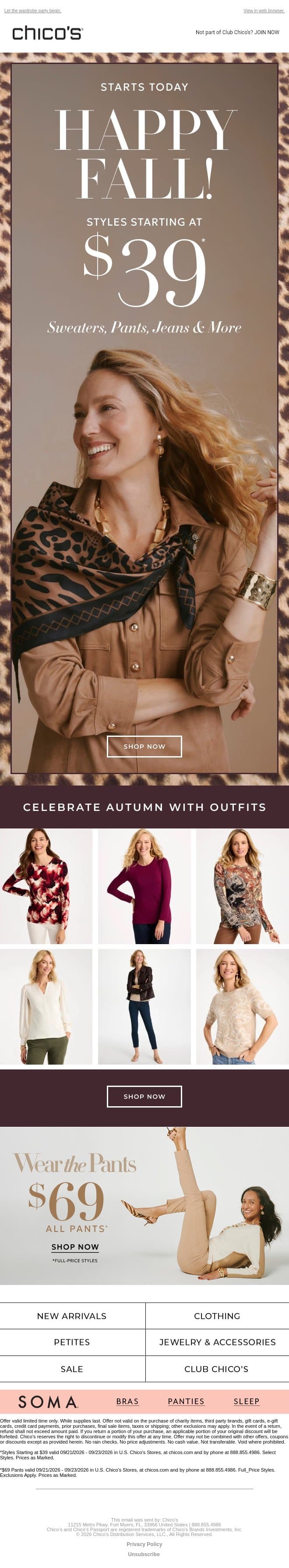 HAPPY FALL! 🍂 $39+ starts today email from Chico's screenshot
