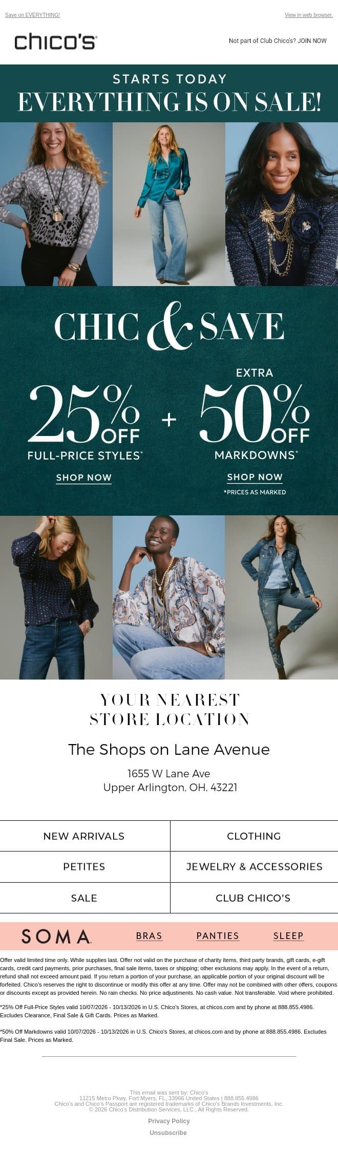 Chic & Save: 25% Off Full-Price Styles + Extra 50% Off New Markdowns email from Chico's screenshot