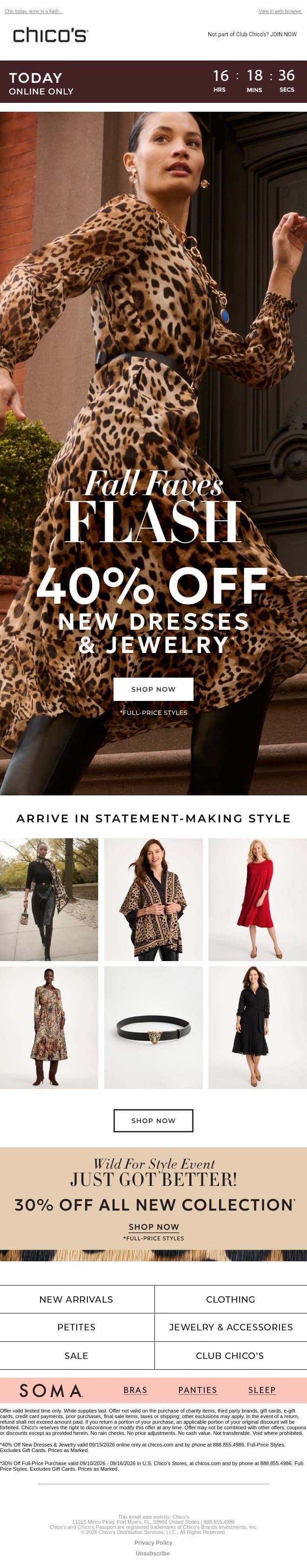 TODAY ONLY! 40% off DRESSES & JEWELS (+ more offers) email from Chico's screenshot